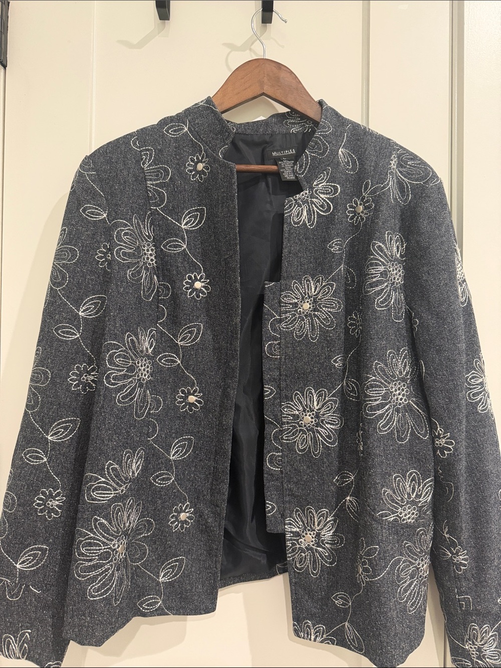 Multiples Charcoal Gray Floral Embroidered Open Jacket Beaded Detail Fall Festiv
